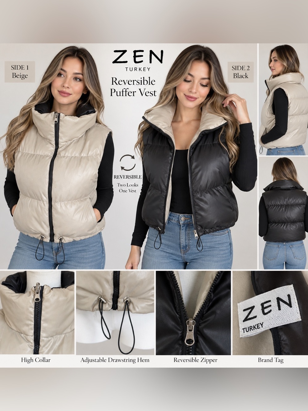 ZEN Women’s Reversible Puffer Vest - Black & Beige Size Medium